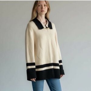 LAUREN Ralph Lauren Cream and Navy Jacket Sweater 100% Lambswool EUC    size XL